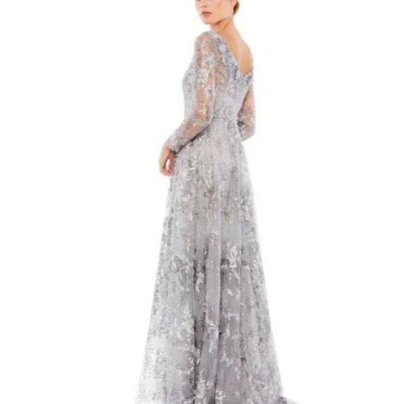 Floral Embroidered Sequin Illusion Boat Neck Long Sleeve Gown NWOT - Picture 2 of 7